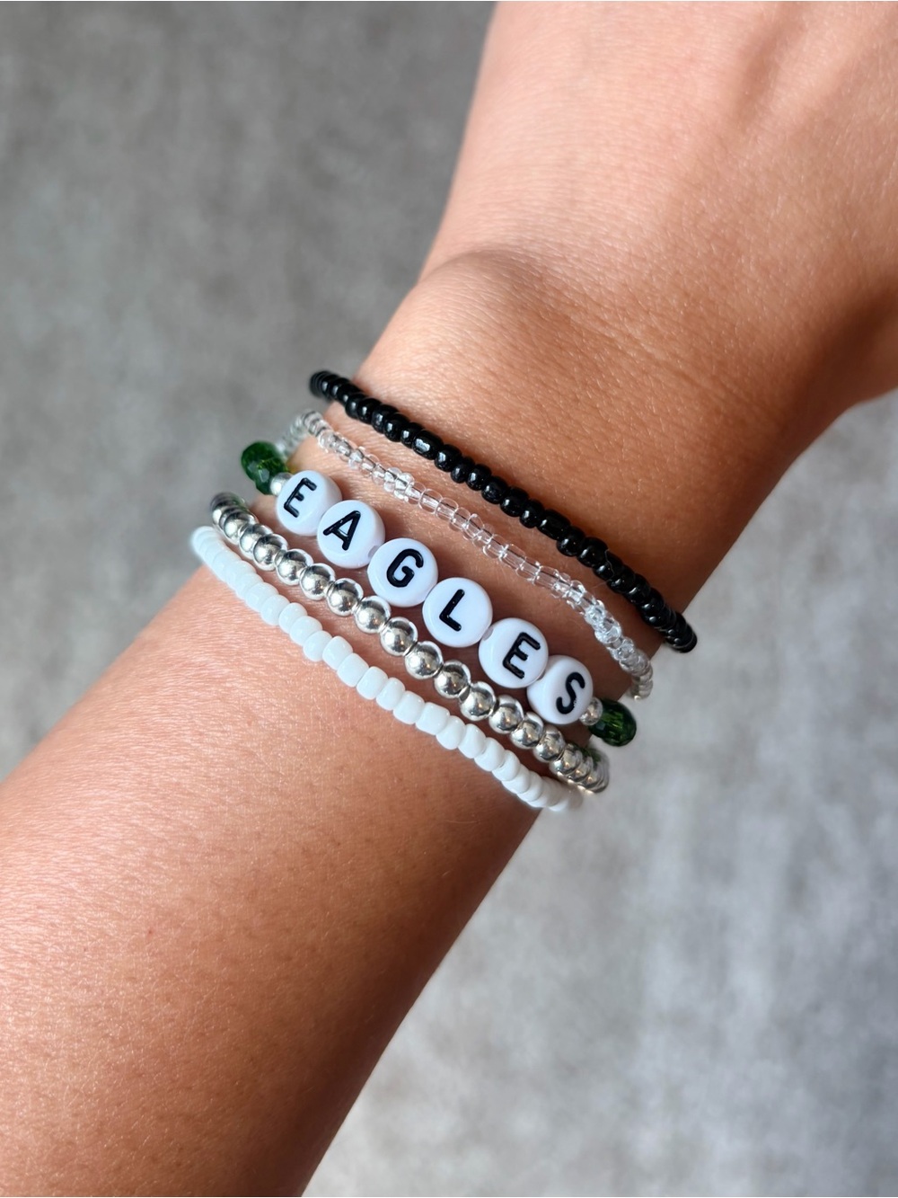 EAGLES Beaded Letter Bracelet Stack - Black, White, Silver, Green